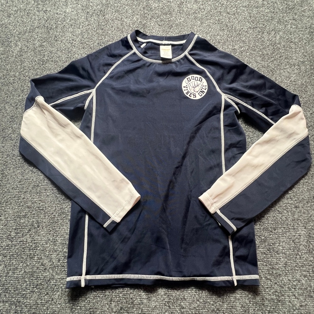 Gymboree Boys Navy Blue Good Vibes Only Rash Guard Swim Shirt Size L 10-12